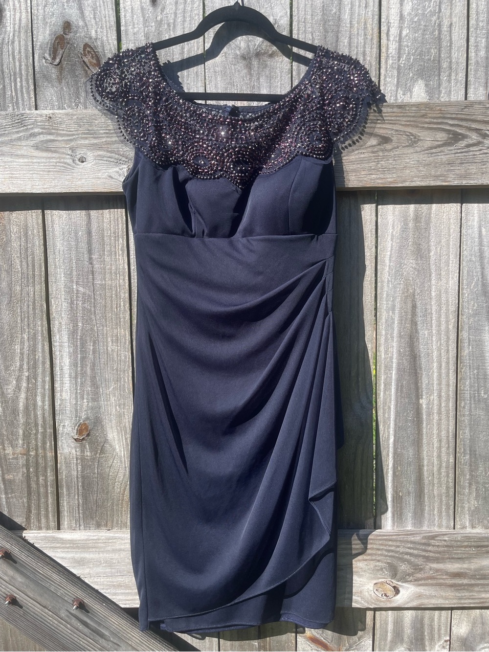 xscape blue beaded dress | Dresses | Xscape Navy Illusionneck Midi Sz Base Option:Toe Kick 40% Off White Dresses June 2025 Sequin Double Laced Dress Elegant sheer matte jersey